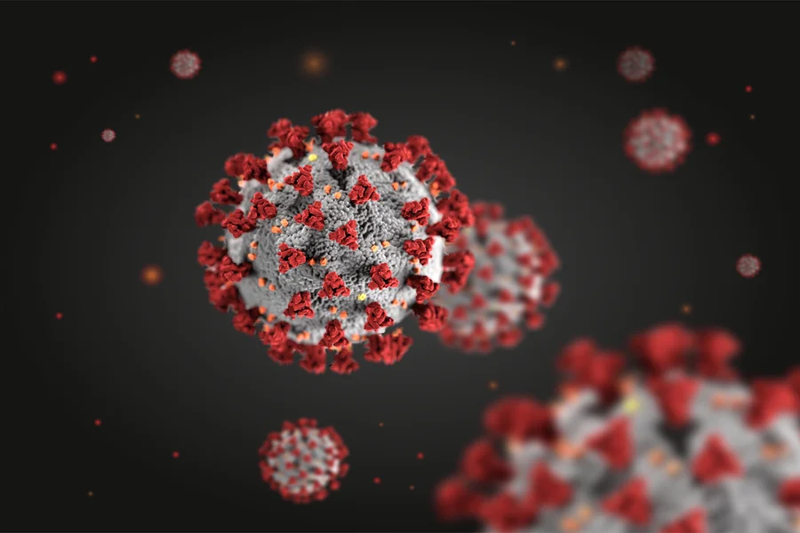 Grafik Coronavirus Sars-CoV-2 rot-grau auf schwarzem Hintergrund